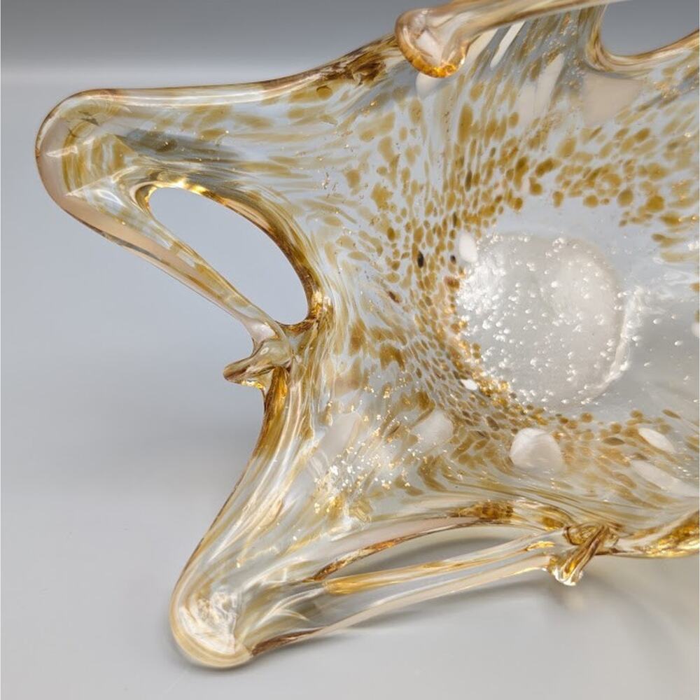 Vintage Murano Style Amber Gold Fleck Art Glass Basket Dish MCM Fall Table Decor - Picture 5 of 10